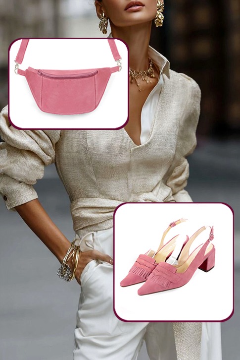 Dress slingback heels in carnation pink leather with medium block heels and pointed toe - Top view